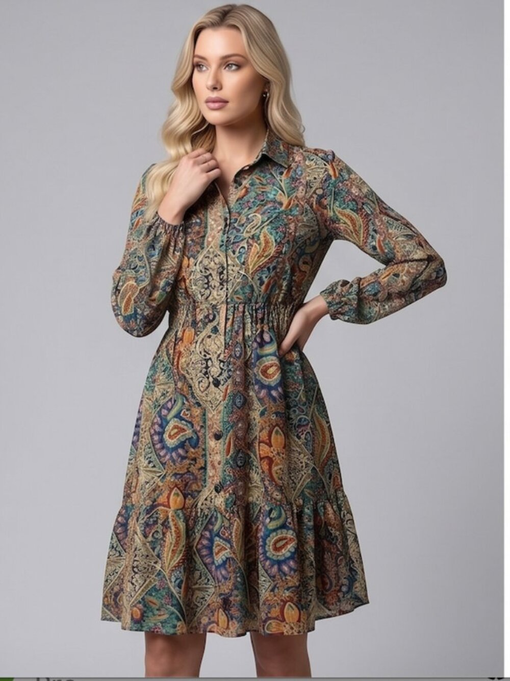 Boho Paisley Print Lantern Sleeve Ruffle Hem Dress